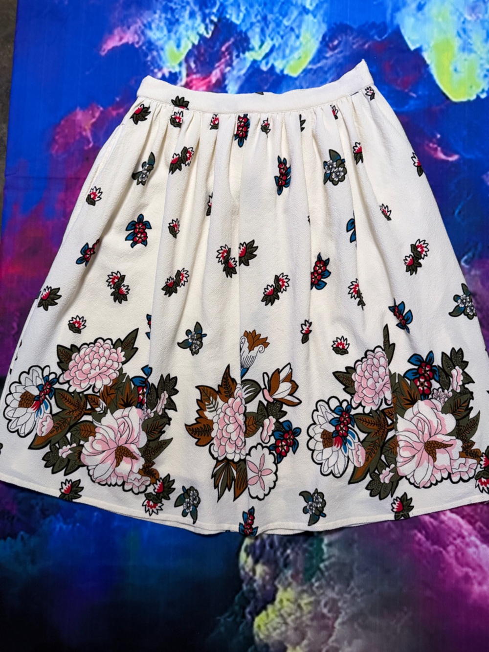 ModCloth Cream Floral Midi Skirt with Pink and Blue Accents